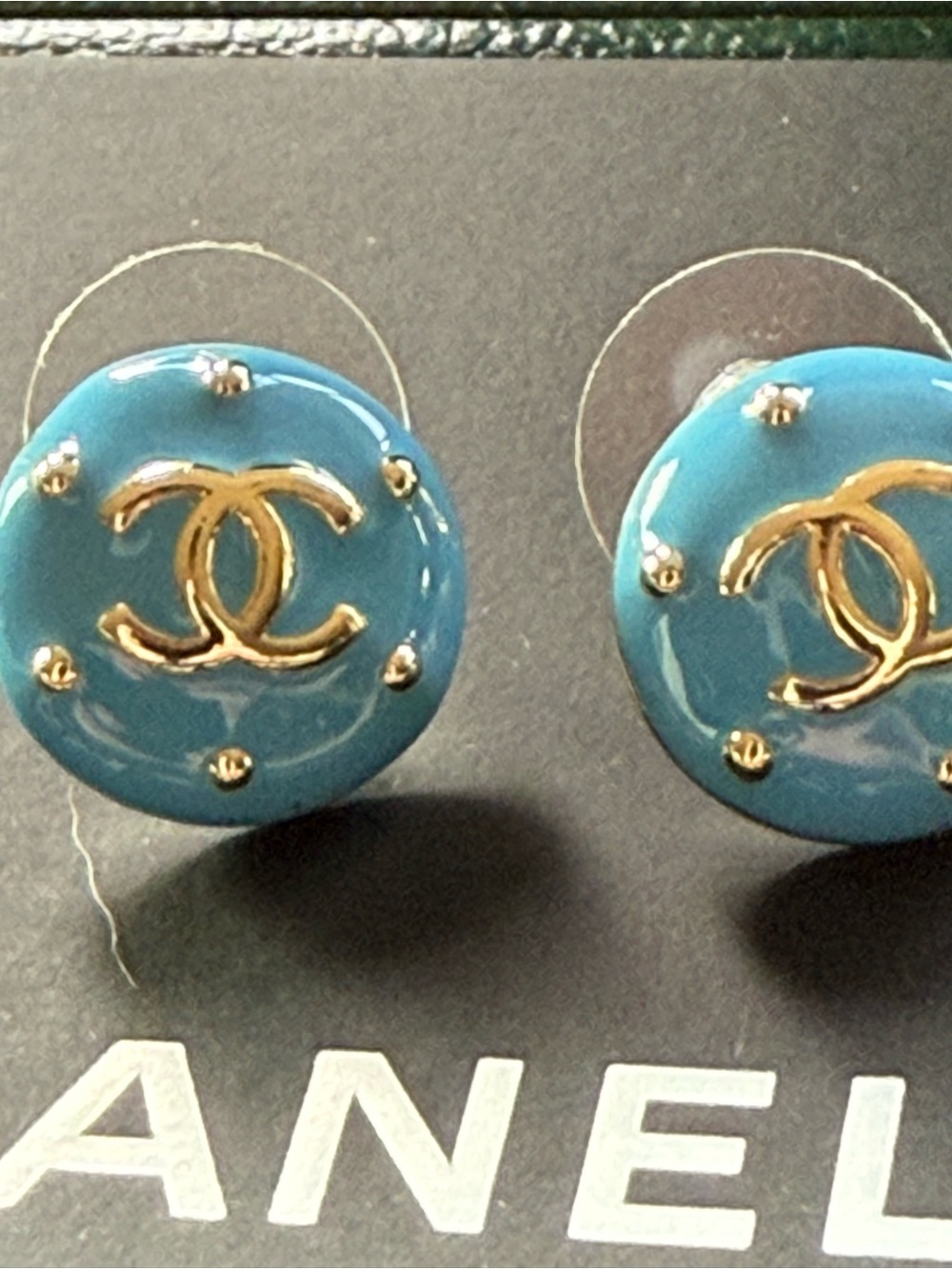 CHANEL Turquoise Enamel Gold CC Button Earrings